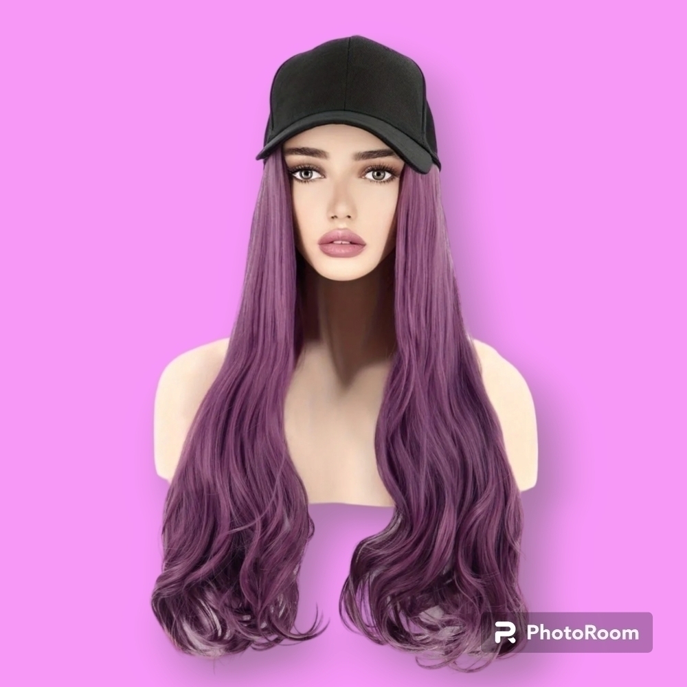 27" Purple Wavy Baseball Hat Synthetic Wig
